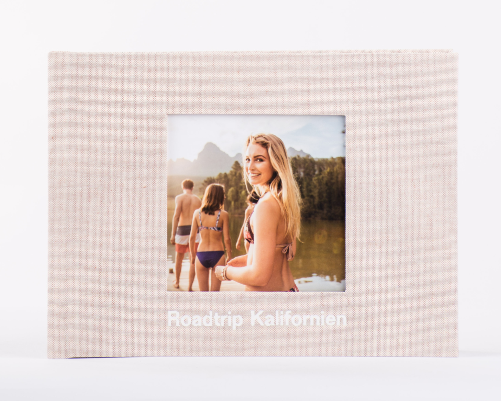 Travel Photo Book Cover in Linen with Cameo Window