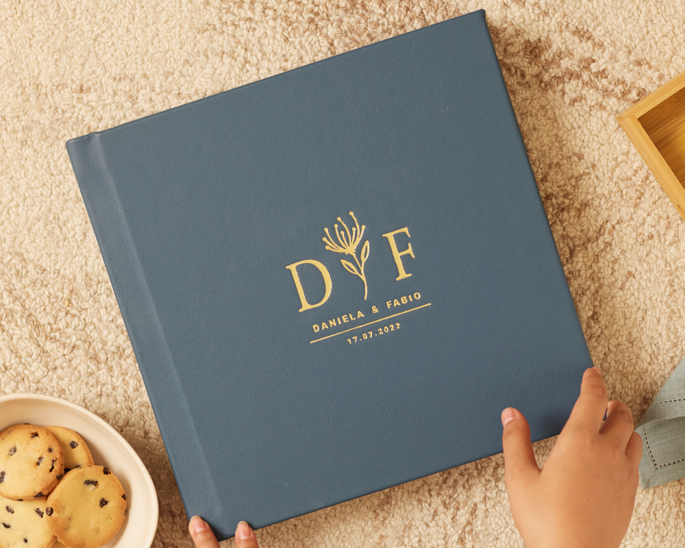 Premium Wedding Album in Blue Leather with Custom Gold Embossing