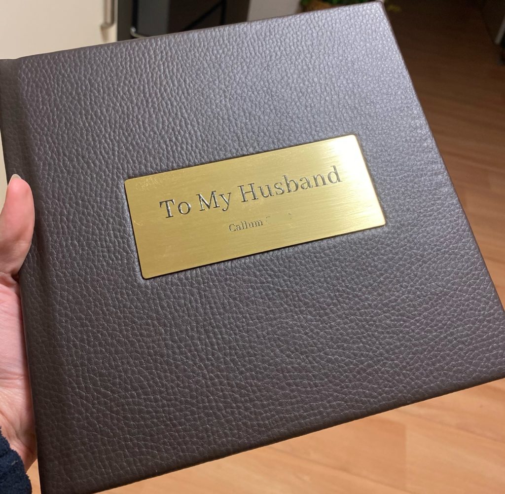 Layflat Wedding Album in Brown Vegan Leather and a Gold Metal plate