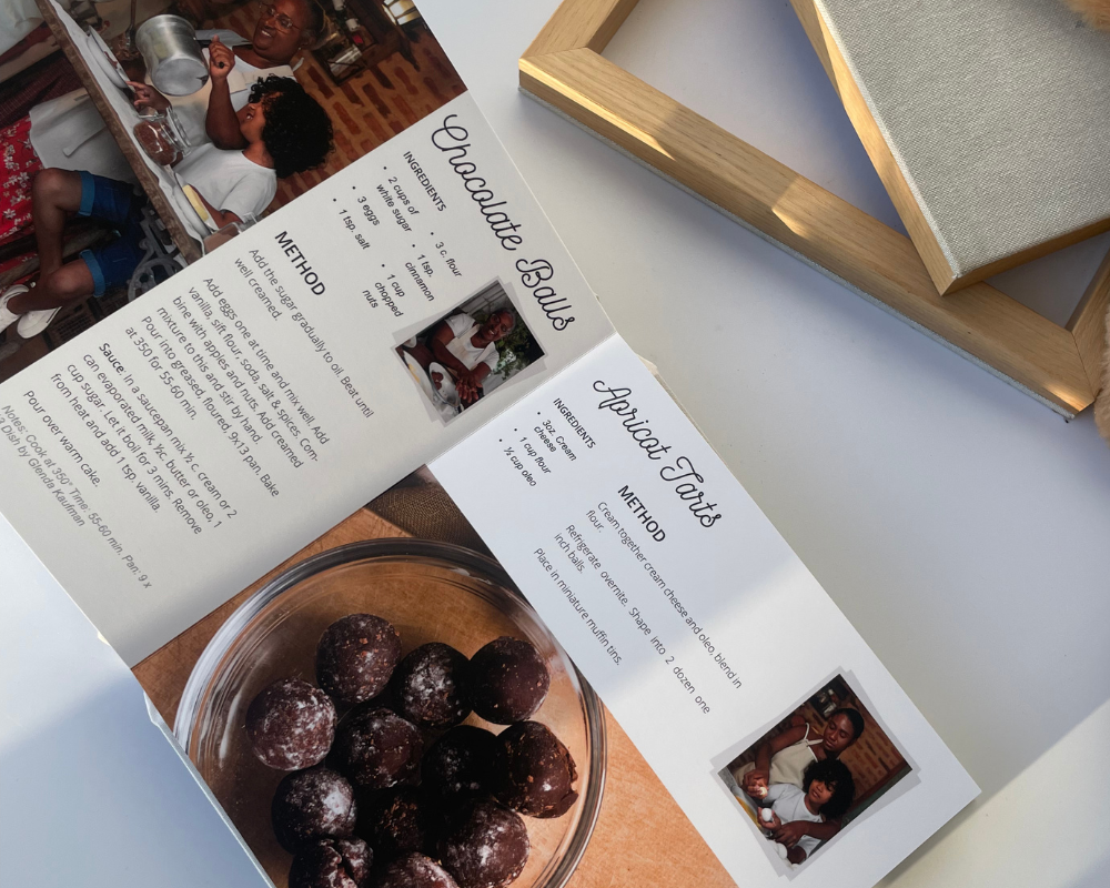 Holiday recipes alongside photos fo the family featured in a PikPerfect custom photo book.