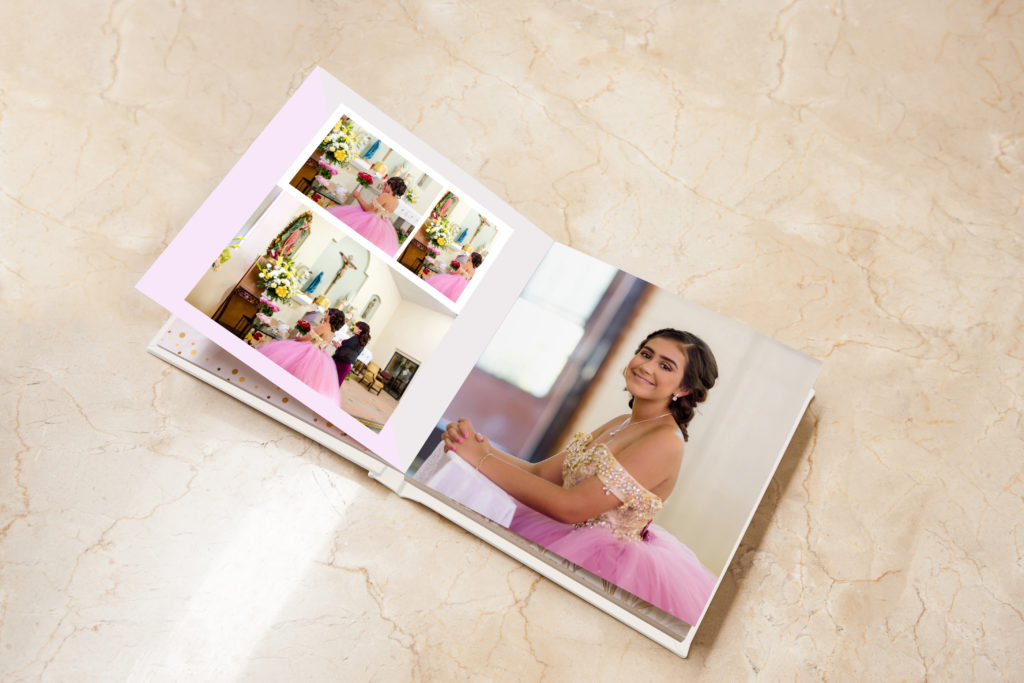 Jessica's Layflat Quinceañera Photo Book Featuring PikPerfect's Color Block Theme