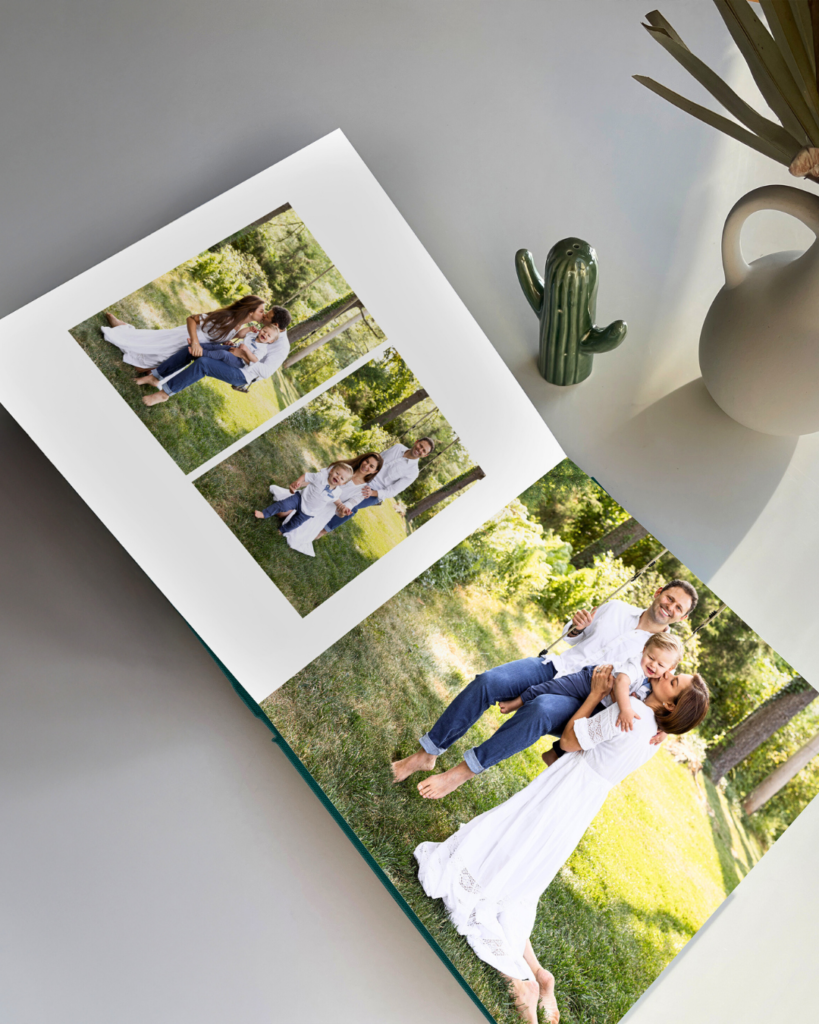 The Rubinov Family's Premium Layflat Photo Album with a Teal Green Linen Cover and Custom Embossing in Gold